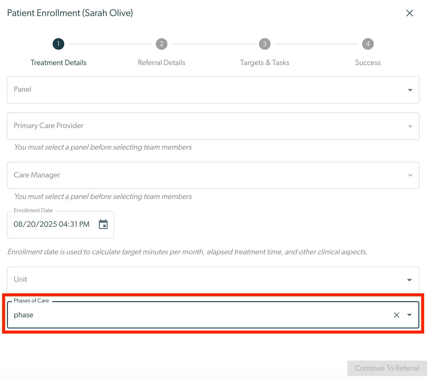 Mirah Collaborative Care - Patient Enrollment for Sarah Olive, Treatment Details tab