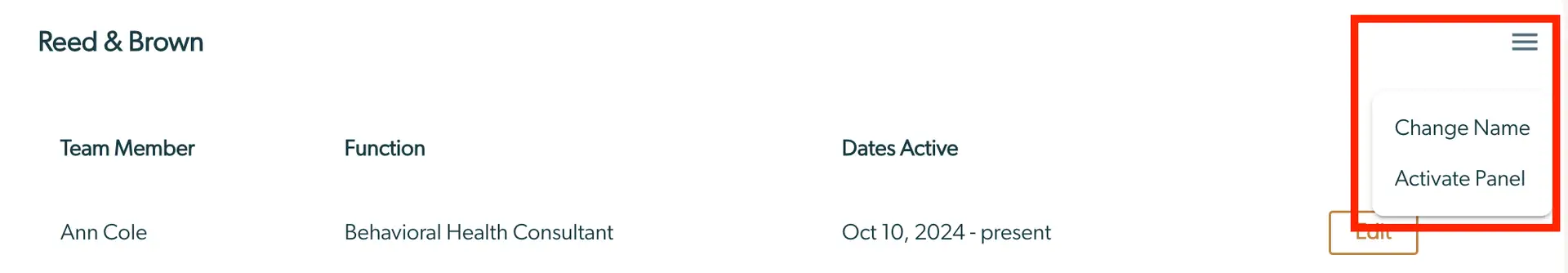 Reed & Brown panel details with options to change name and activate panel.