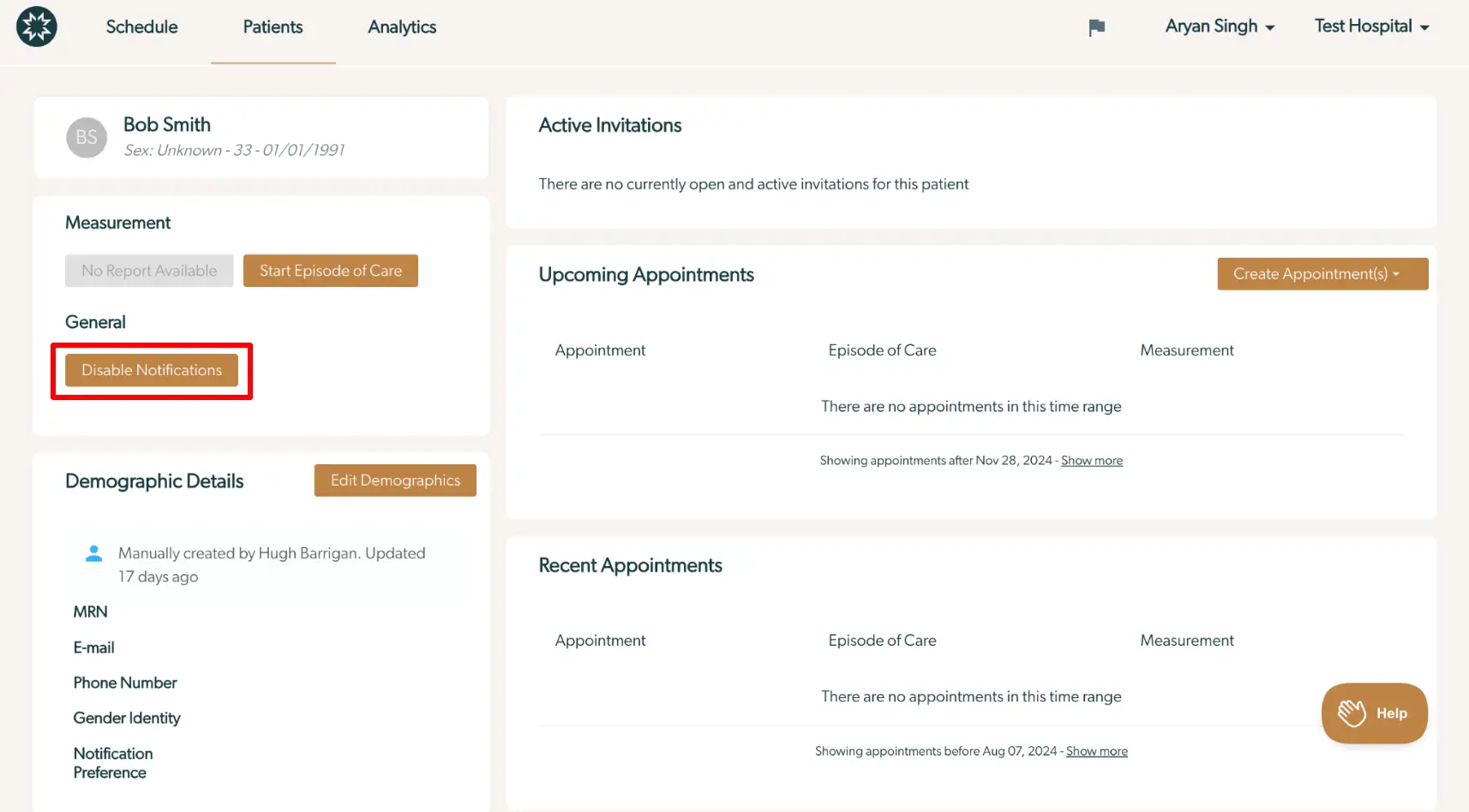 Mirah Collaborative Care patient management screen for Bob Smith showing options to disable notifications and manage appointments.