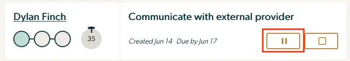 Mirah Collaborative Care Dashboard task entry for Dylan Finch, task titled 'Communicate with external provider', created June 14, due June 17.