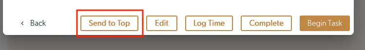 Mirah Collaborative Care dashboard task management buttons including Send to Top, Edit, Log Time, Complete, and Begin Task.