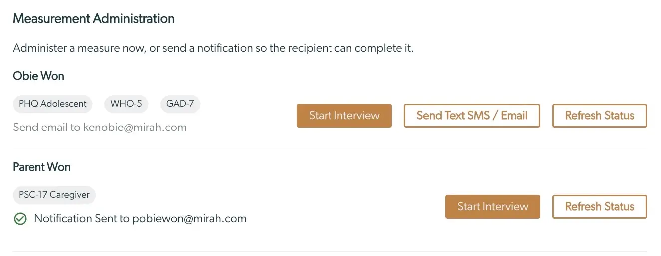 Mirah Collaborative Care Measurement Administration screen showing patient entries and options to administer measures or send notifications.