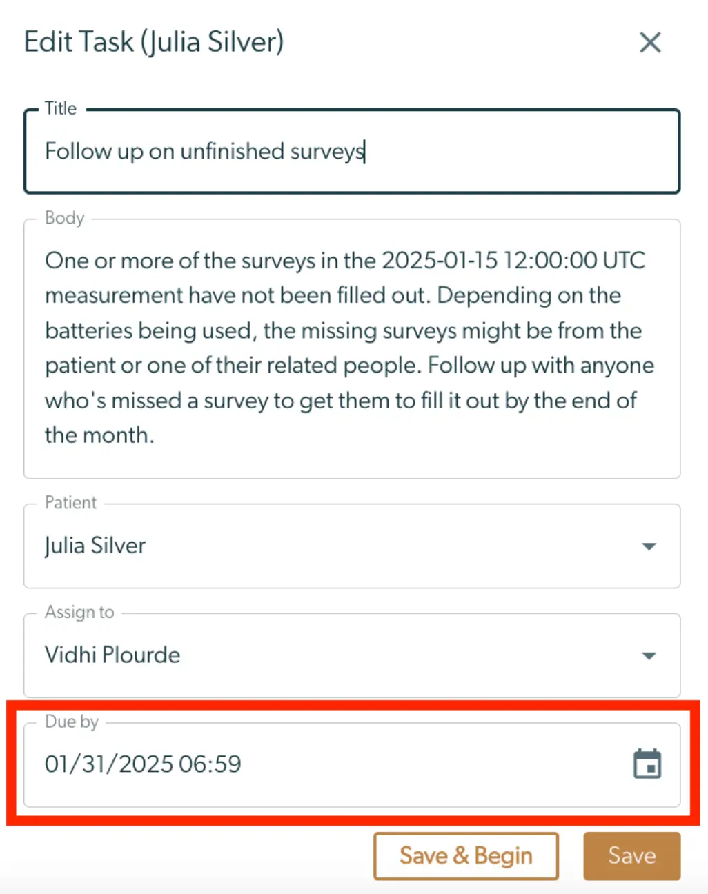 Edit Task screen for Julia Silver in Mirah Collaborative Care, showing task details and due date.