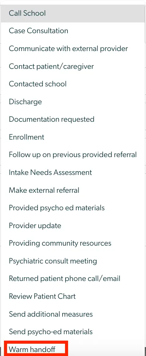 Mirah Collaborative Care Tasks dropdown menu with 'Warm handoff' highlighted