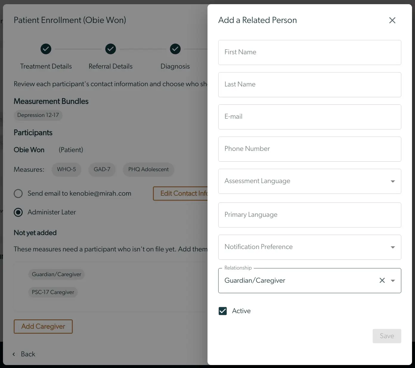 Mirah Collaborative Care Patient Enrollment - Add a Related Person form
