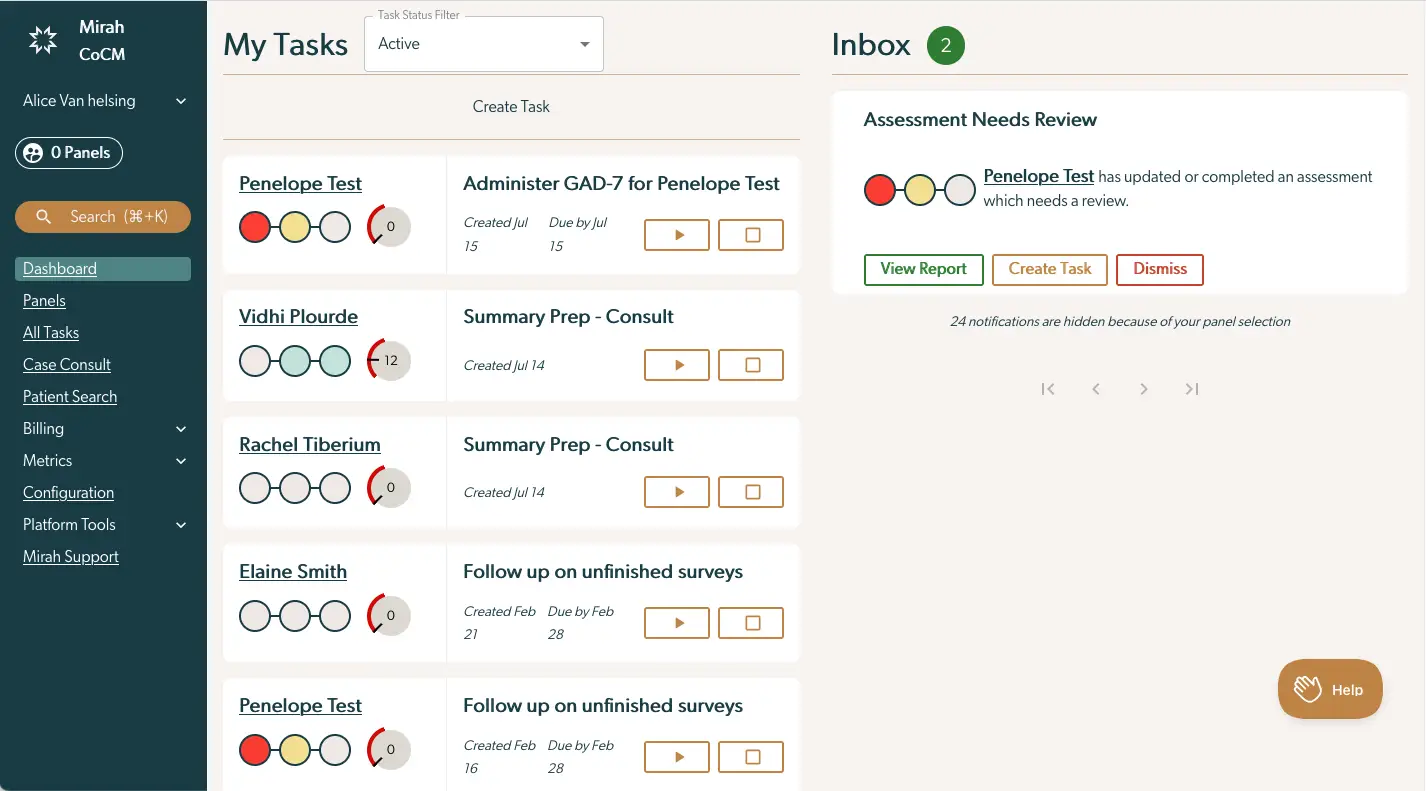 Mirah Collaborative Care interface showing My Tasks and Inbox sections with vertical navigation menu.