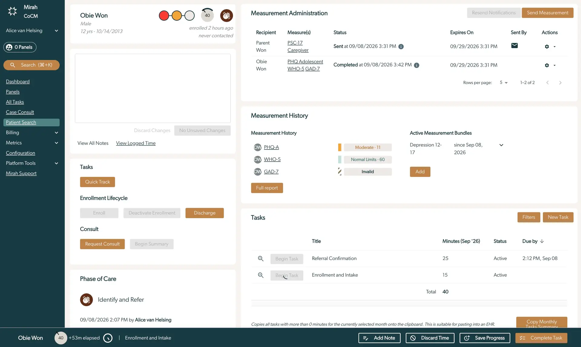 Mirah Collaborative Care patient enrollment and intake screen for Obie Won.