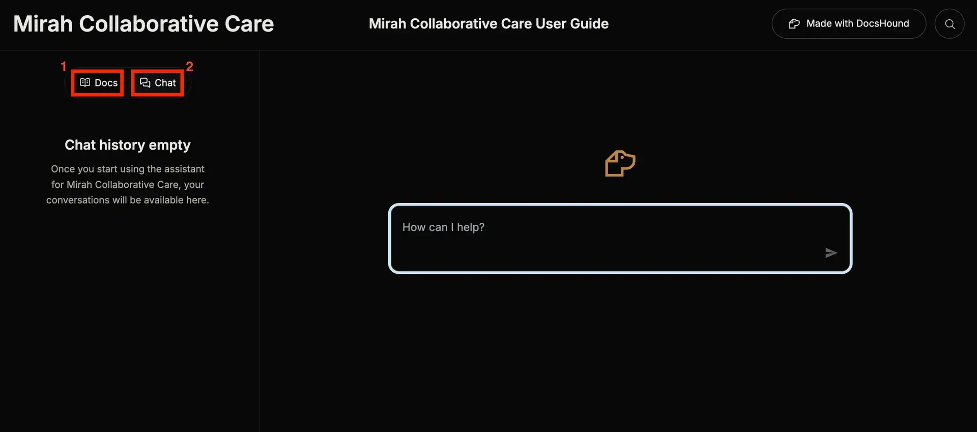 Mirah Collaborative Care User Guide interface with Docs and Chat options, and an empty chat history message.