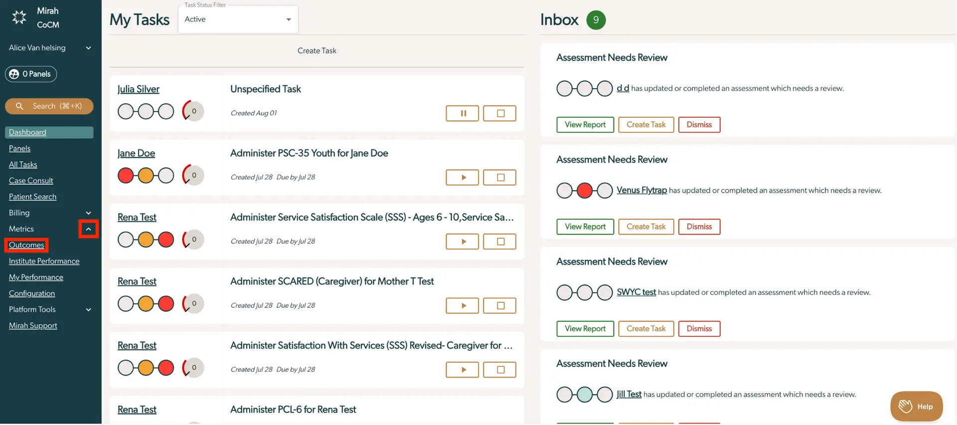 Mirah Collaborative Care Outcomes Framework Tutorial - Reporting & Analytics screen showing task management and assessment review interface.