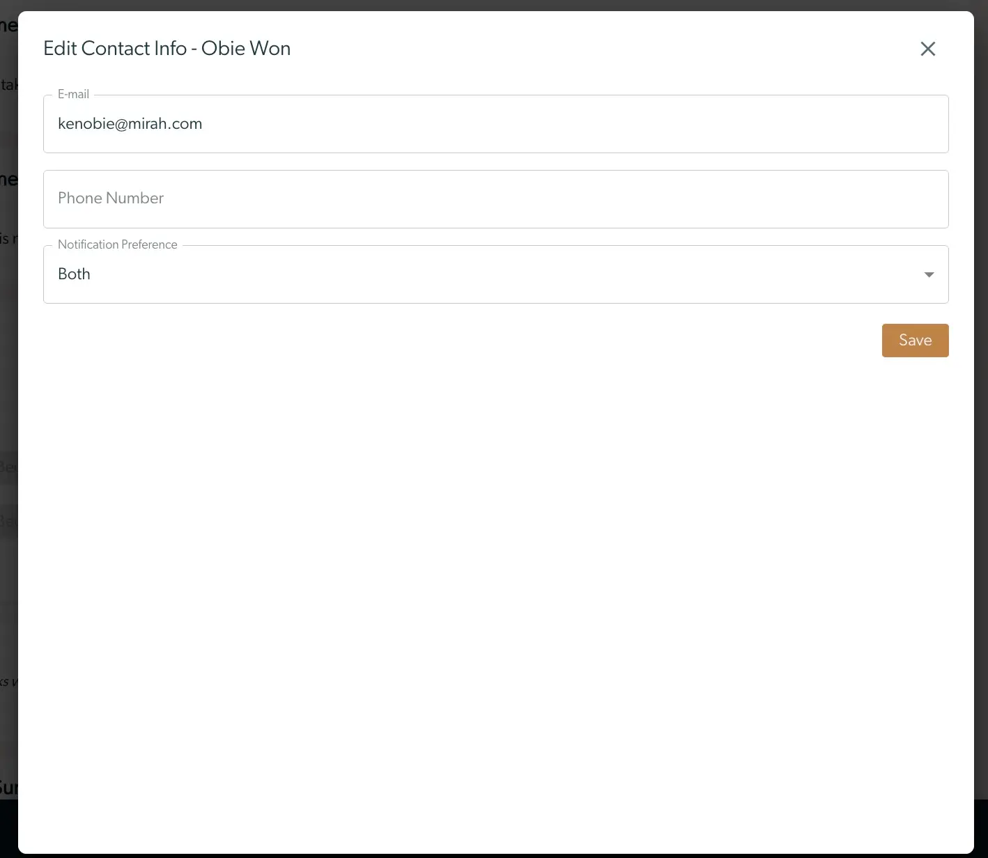 Edit Contact Info screen in Mirah Collaborative Care for patient enrollment and intake.