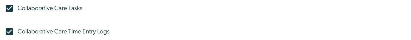 Mirah Collaborative Care Billing Insights screen showing options for Collaborative Care Tasks and Time Entry Logs.