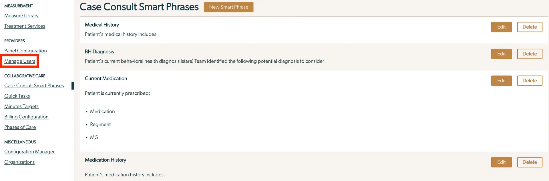 Mirah Collaborative Care Case Consult Smart Phrases screen with Manage Users highlighted