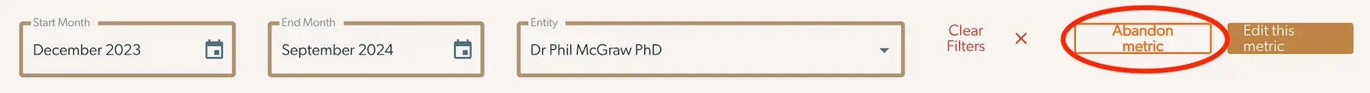 Mirah Collaborative Care Outcomes Framework Retire a Metric screen with date filters and action buttons