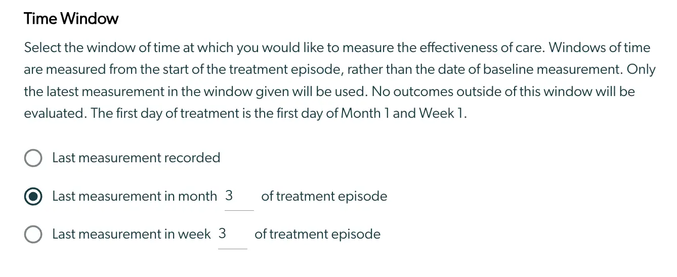Mirah Collaborative Care Outcomes Framework Time Window selection screen