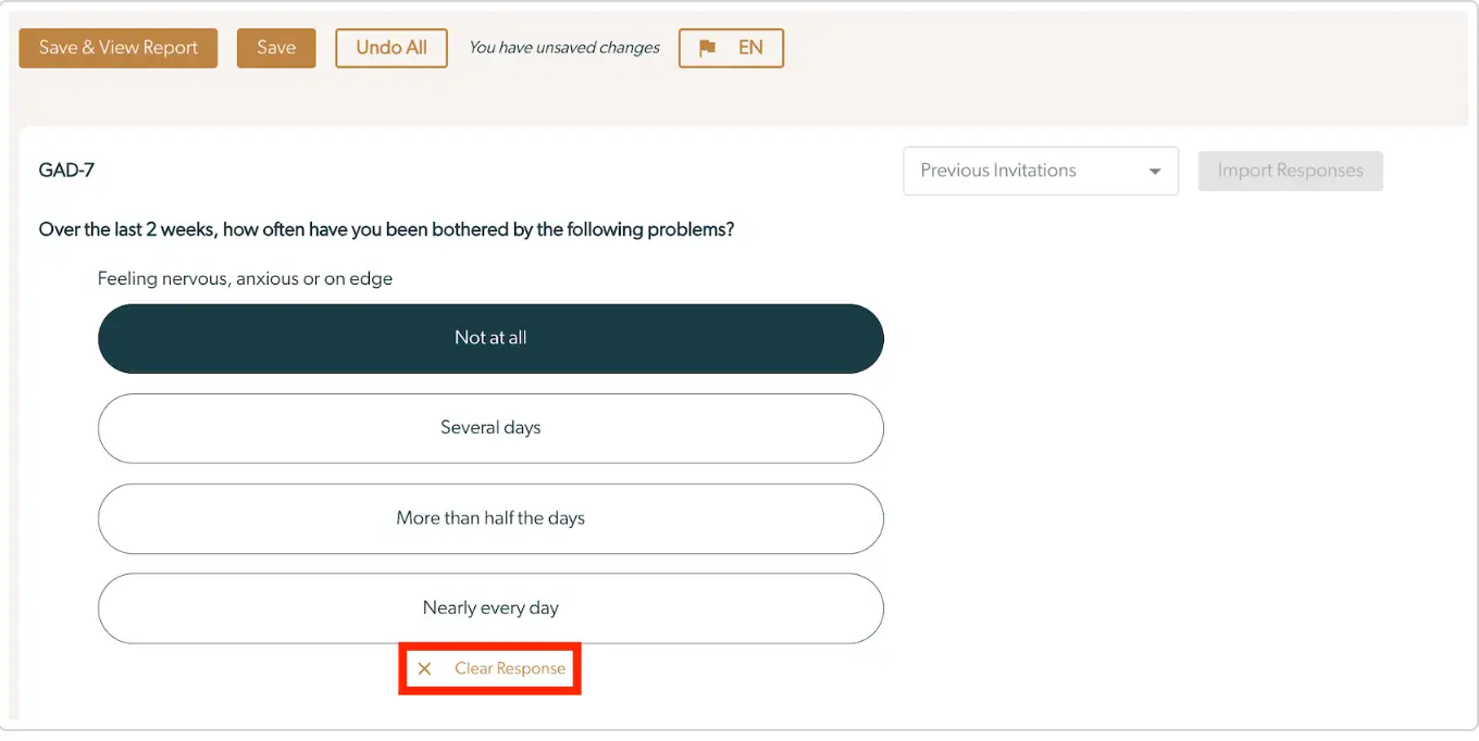Mirah Collaborative Care GAD-7 questionnaire screen for sending a measure manually.