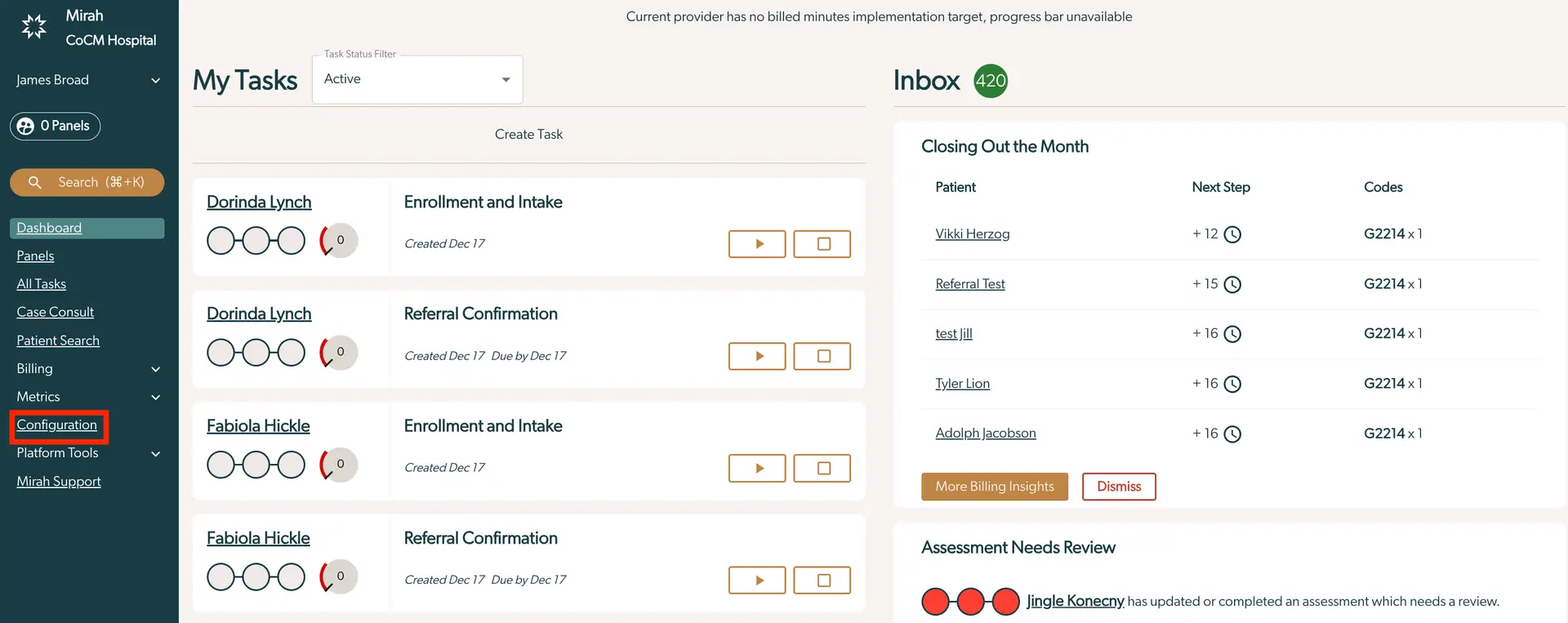 Mirah Collaborative Care interface showing task management and configuration options.