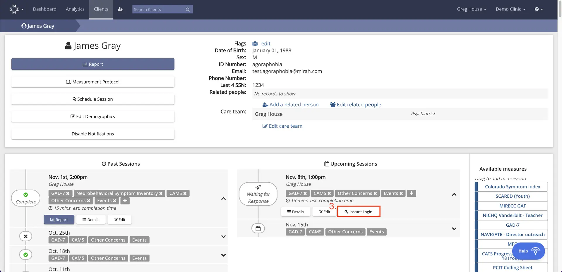 Mirah Collaborative Care client profile page for James Gray showing past and upcoming sessions, client details, and available measures.