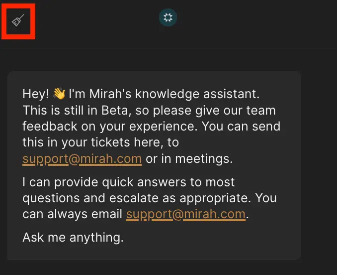 Mirah Collaborative Care knowledge assistant message screen with feedback request and contact information.