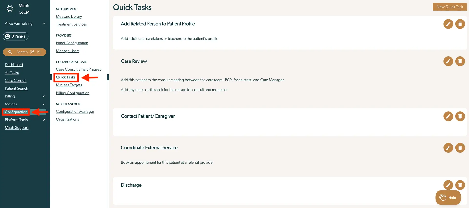 Mirah Collaborative Care Quick Tasks Configuration Page