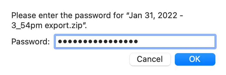 Password entry screen for Jan 31, 2022 export zip file in Mirah Collaborative Care data exports feature.