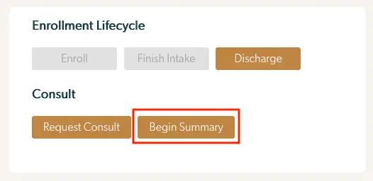 Mirah Collaborative Care interface showing Enrollment Lifecycle and Consult options with active Discharge and Begin Summary buttons.