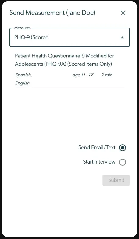 Send Measurement screen for Jane Doe in Mirah Collaborative Care, showing options to send PHQ-9 measure via email or text.