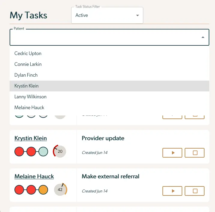 Mirah Collaborative Care Dashboard - My Tasks section with task status filter and patient selection.