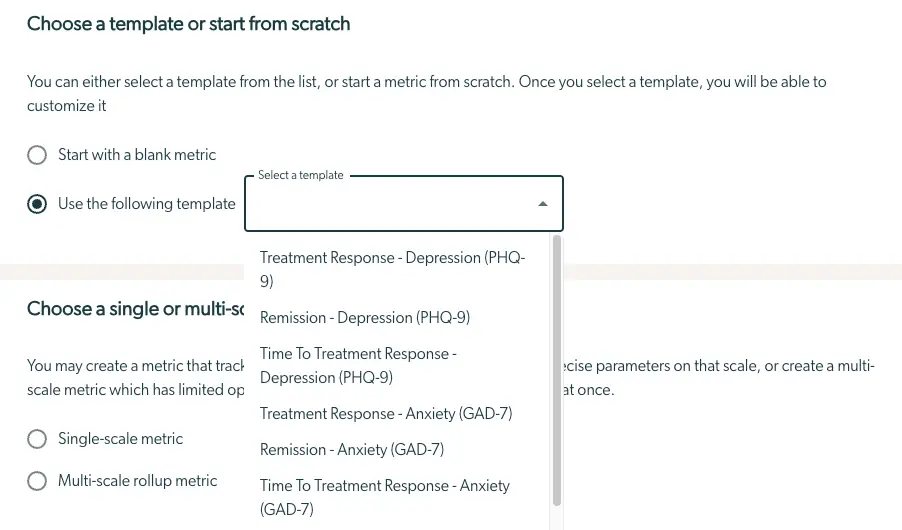 Mirah Collaborative Care Outcomes Framework - Select a Preset Metric screen showing template selection options for reporting and analytics.