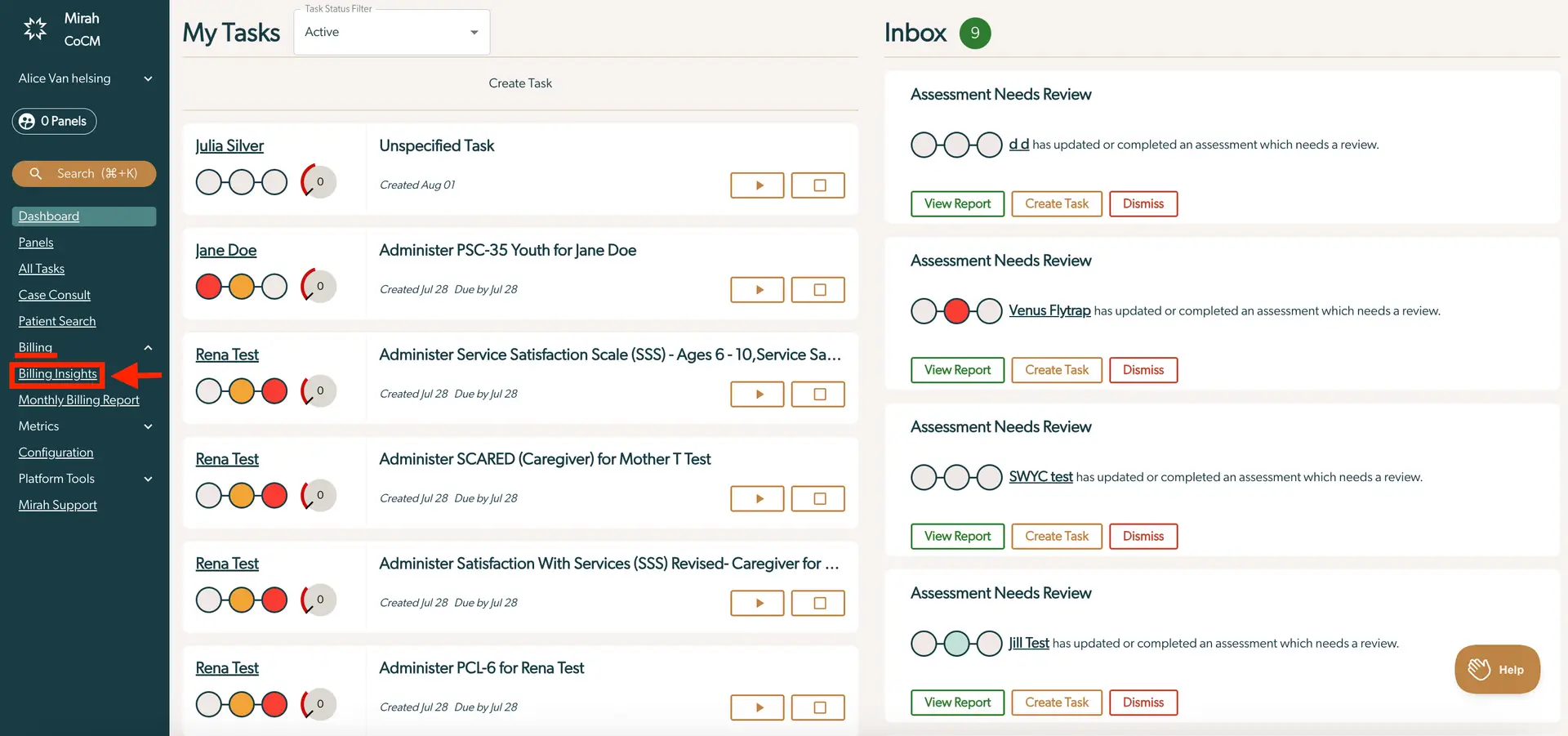 Mirah Collaborative Care Billing Insights screen showing My Tasks and Inbox sections with navigation menu on the left.