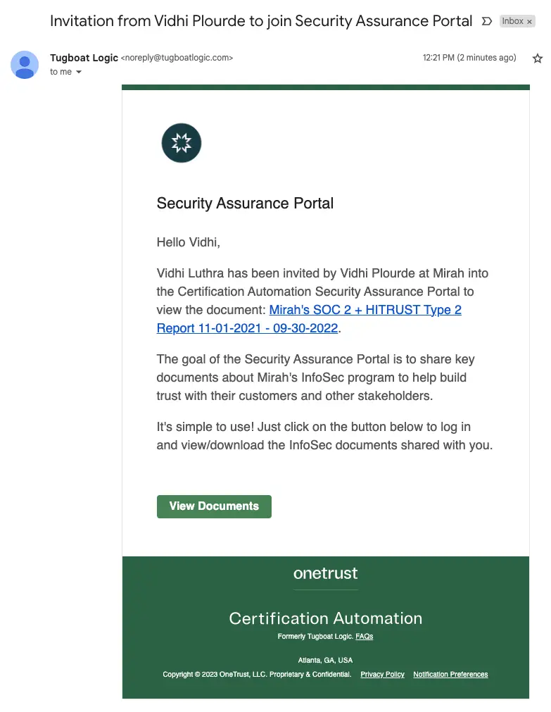 Email invitation from Vidhi Plourde to join Security Assurance Portal for Mirah's SOC 2 + HITRUST Type 2 Report.