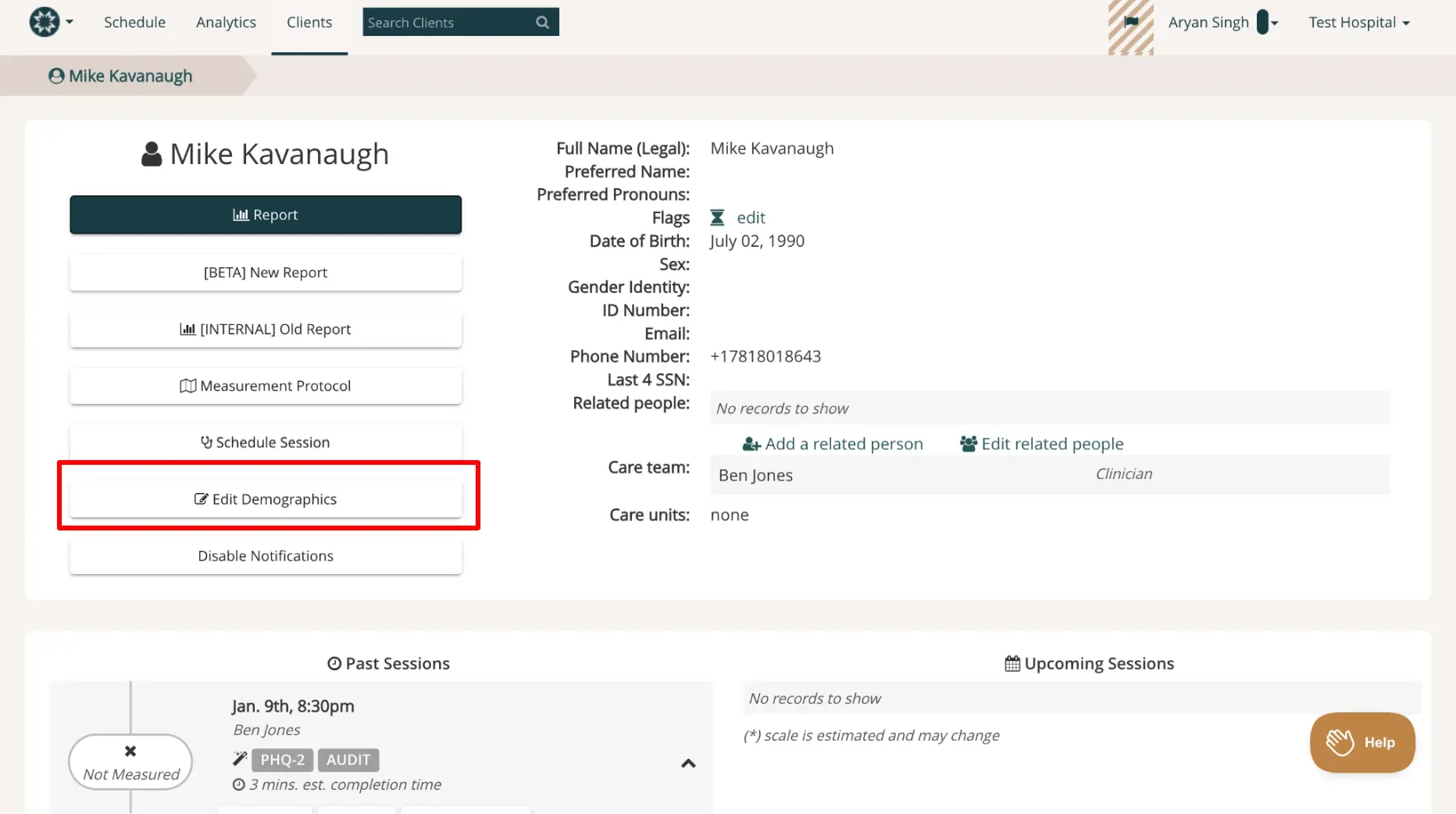 Mirah Collaborative Care Client Profile for Mike Kavanaugh showing patient details and options to edit demographics.