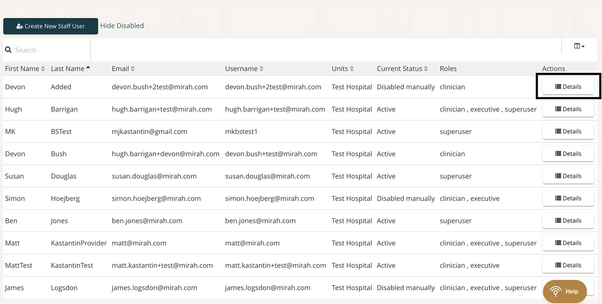 Mirah Collaborative Care user management screen showing a list of users with options to create new staff users and view details.