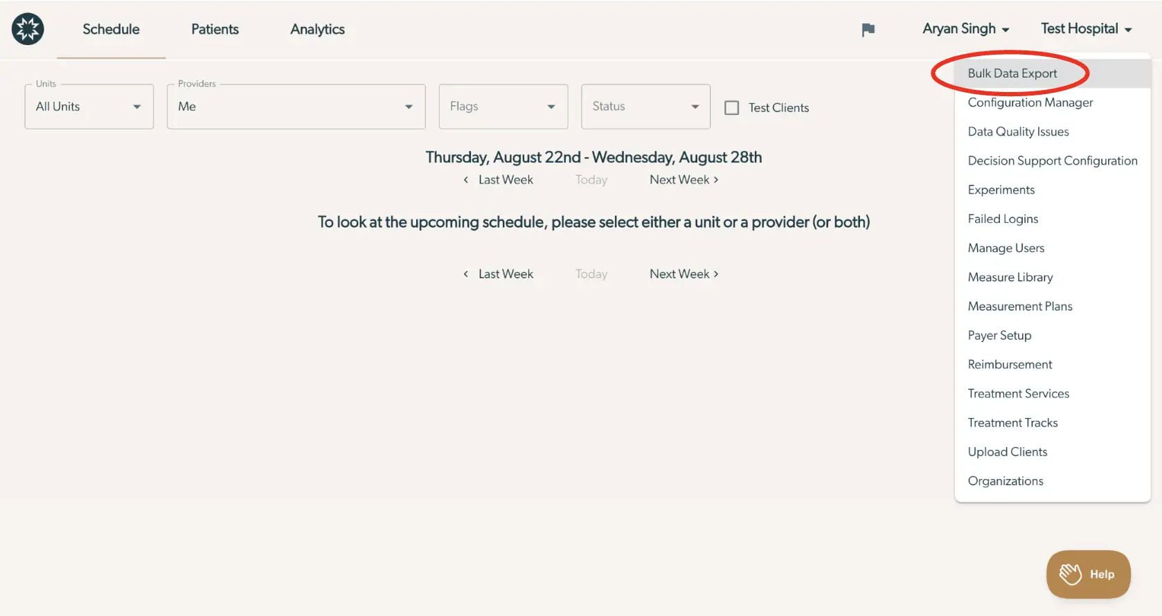 Mirah Collaborative Care interface showing schedule and bulk data export options under Aryan Singh at Test Hospital.