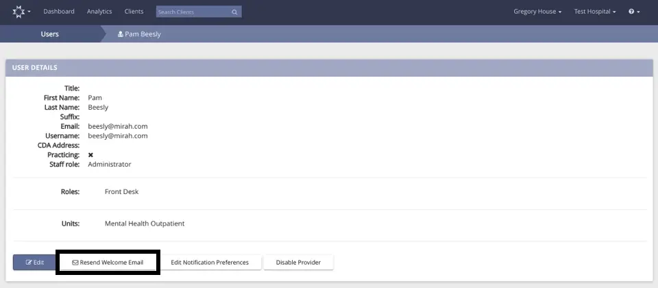 Mirah Collaborative Care user details page for Pam Beesly with options to resend welcome email, edit notification preferences, and disable provider.