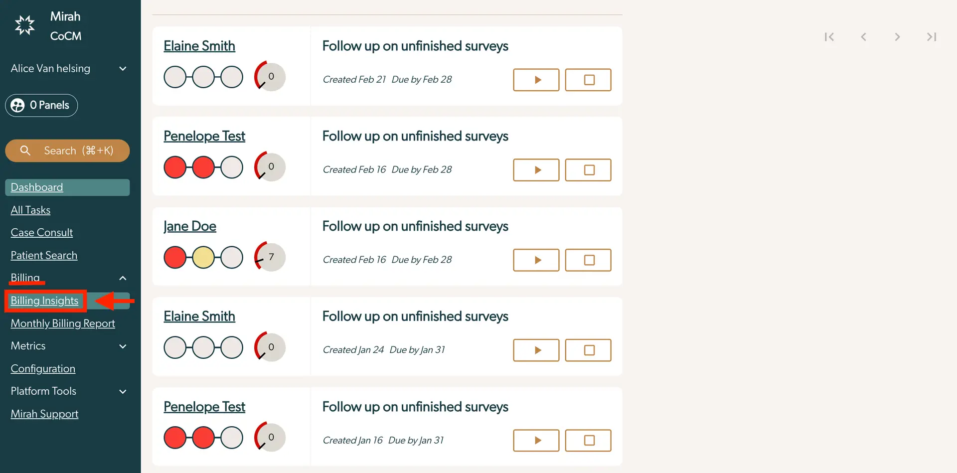 Mirah Collaborative Care Billing Insights screen showing patient survey follow-up tasks.