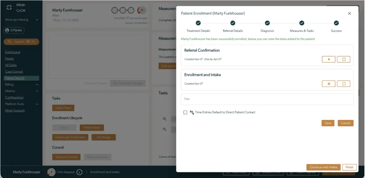 Mirah Collaborative Care Patient Enrollment screen for Marty Funkhouser showing enrollment steps and task management options.
