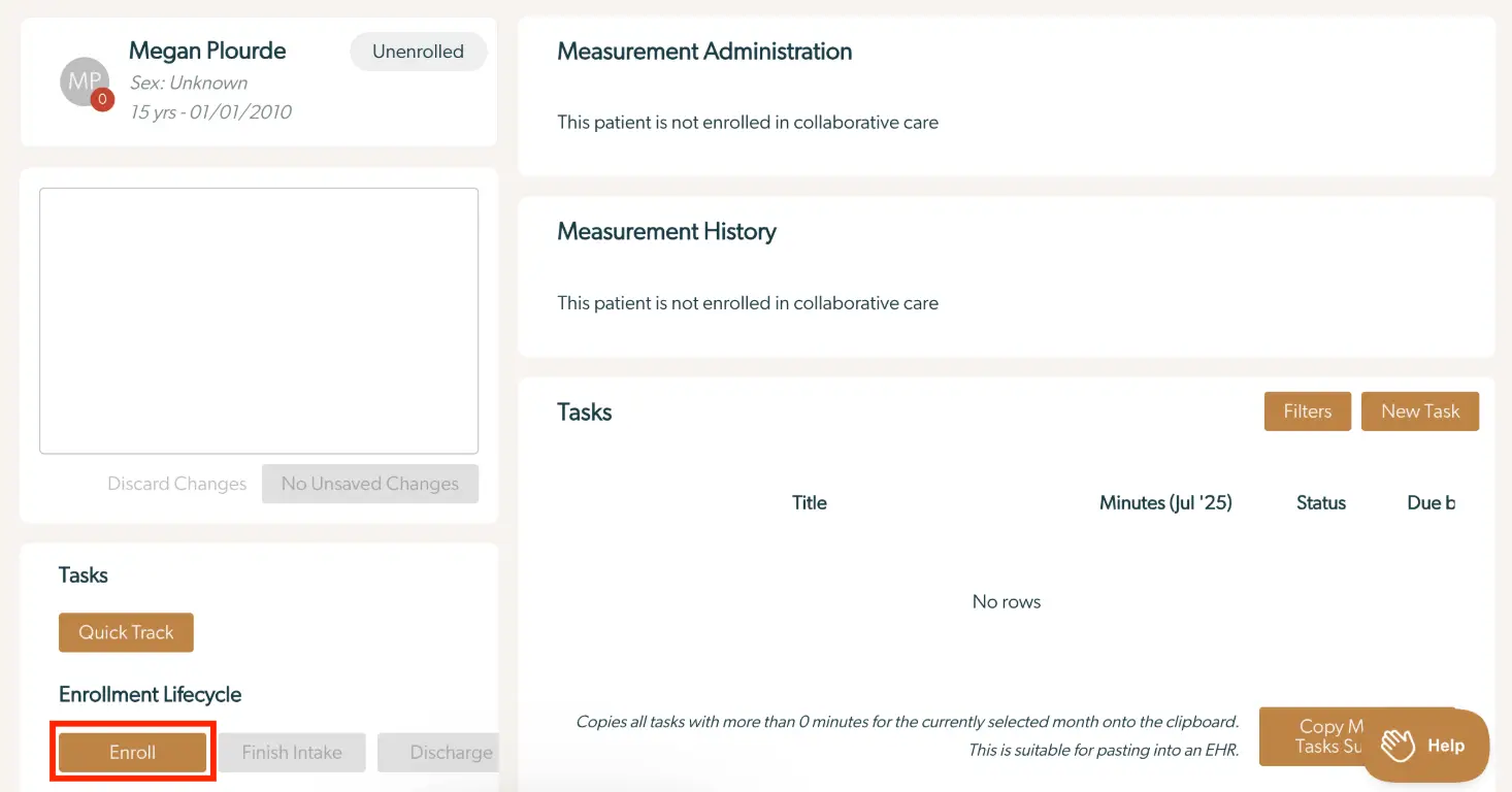 Mirah Collaborative Care patient enrollment screen for Megan Plourde, showing unenrolled status and options to enroll, manage tasks, and view measurement history.