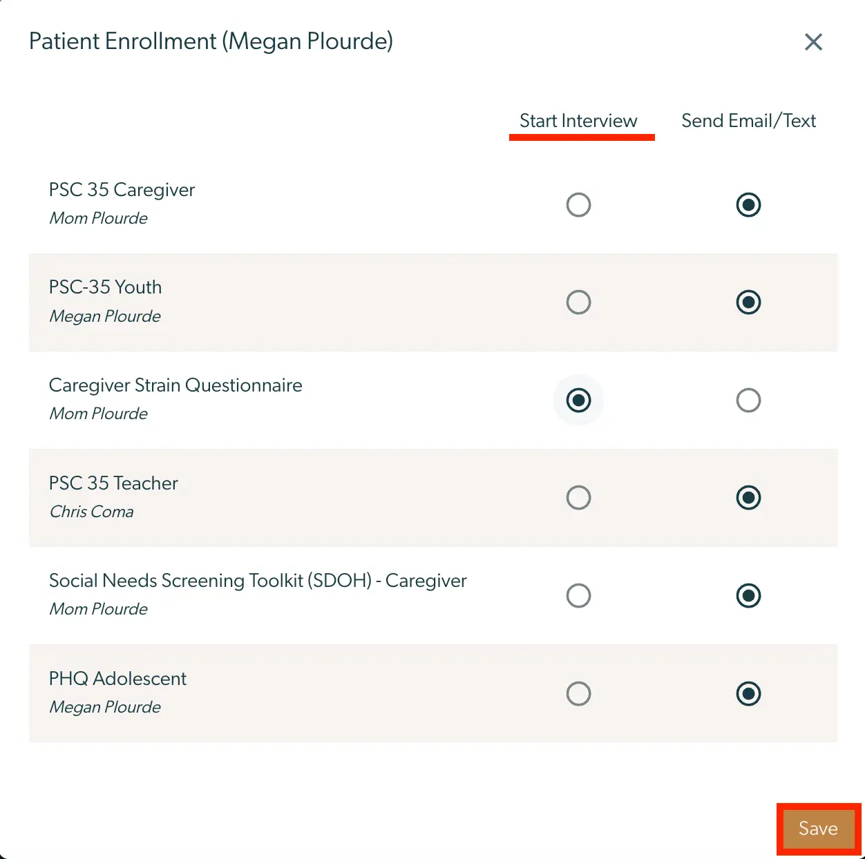 Patient Enrollment screen for Megan Plourde in Mirah Collaborative Care platform.