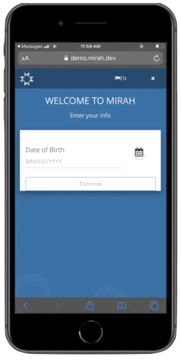 Welcome to Mirah screen with Date of Birth input field on demo.mirah.dev