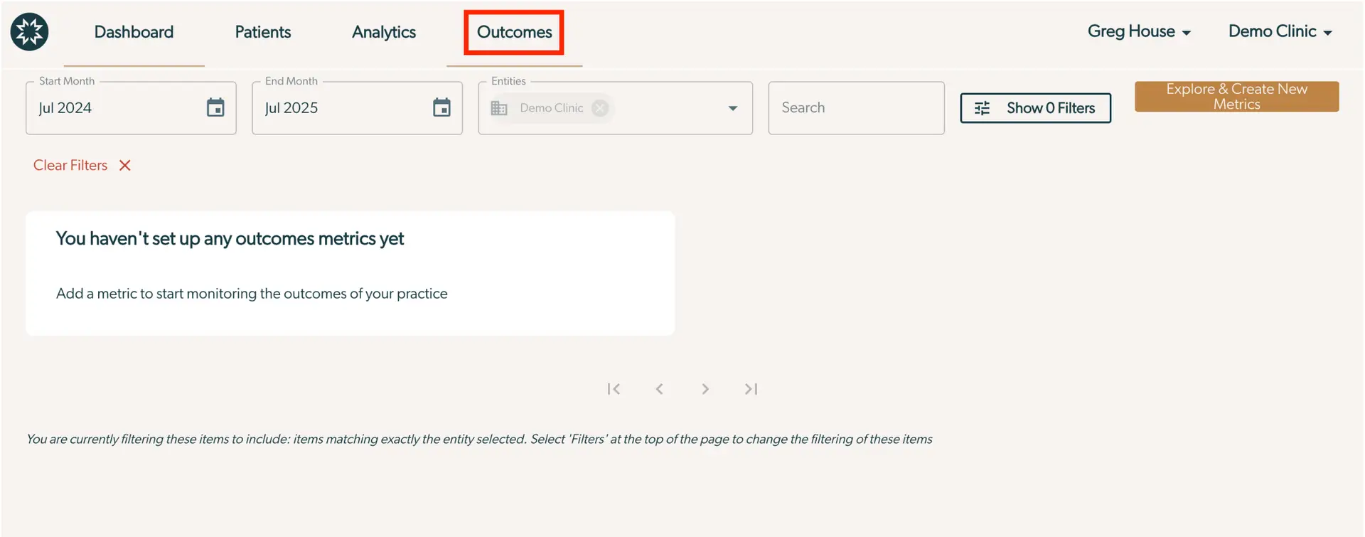 Mirah Collaborative Care Outcomes section showing no metrics set up, with options to filter by date and entity, and a button to explore and create new metrics.