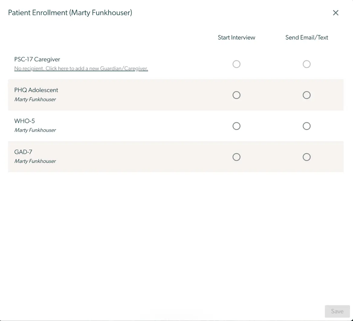 Patient Enrollment page for Marty Funkhouser showing assessment options and actions.