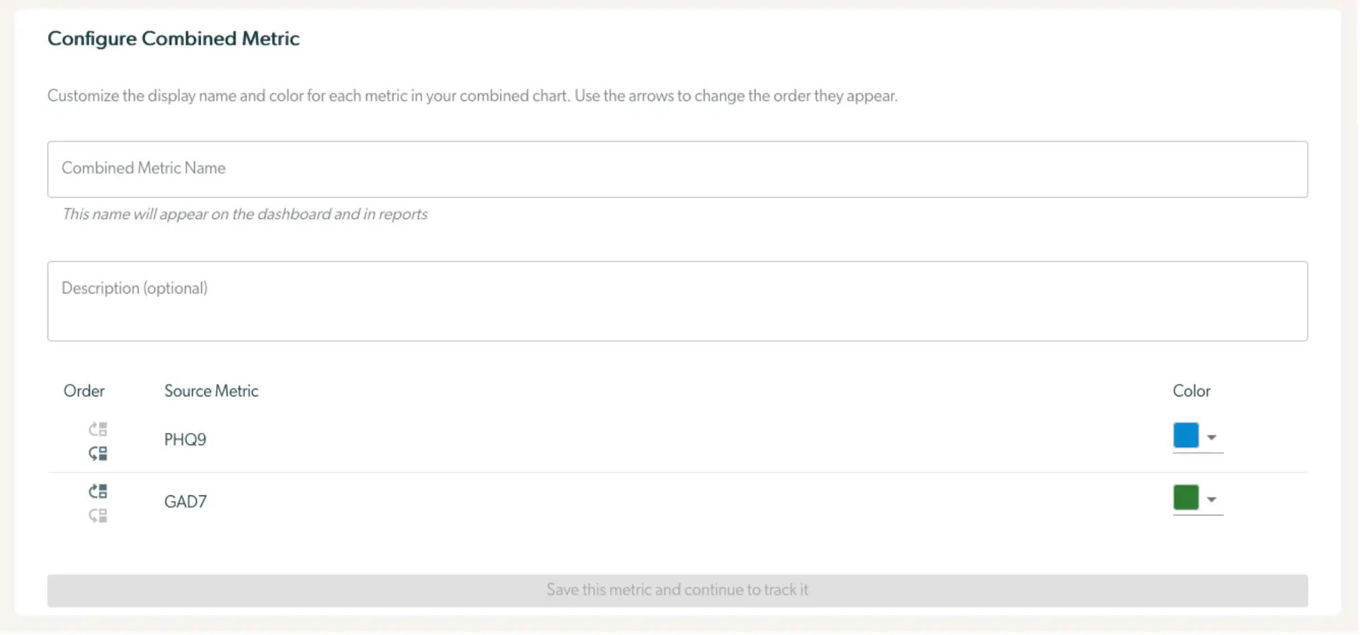 Mirah Collaborative Care - Configure Combined Metric screen for creating a new metric in the Outcomes Framework.