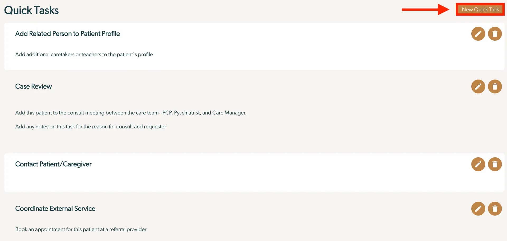 Mirah Collaborative Care Quick Tasks customization screen