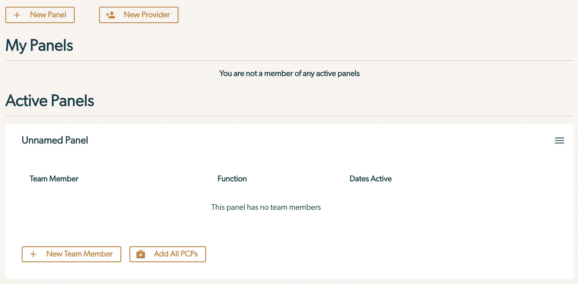 Mirah Collaborative Care Panels section showing options to create new panels and add providers, with an unnamed panel having no team members.