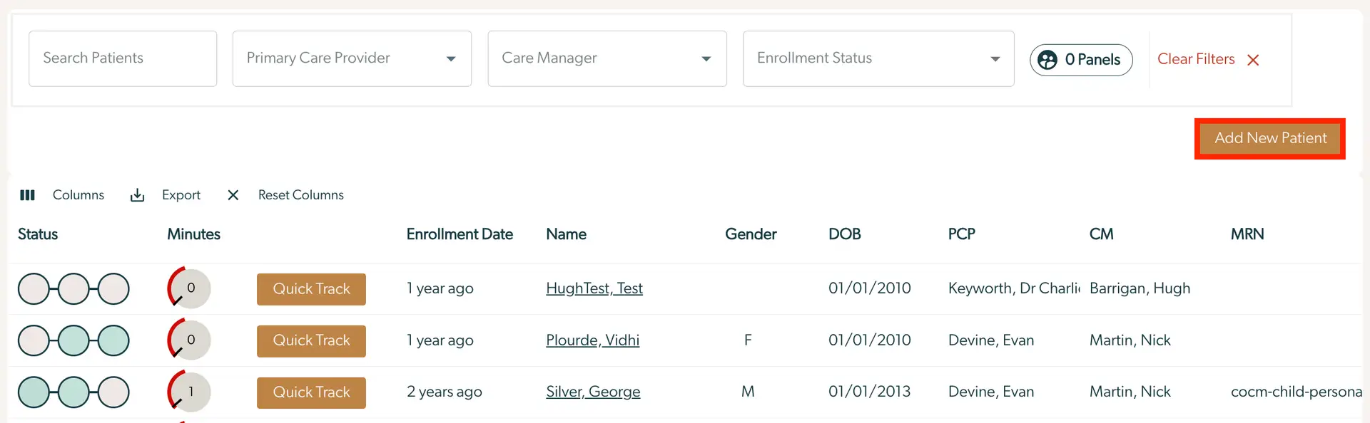 Mirah Collaborative Care Patients - Test Patients page showing patient list and options to add new patient.