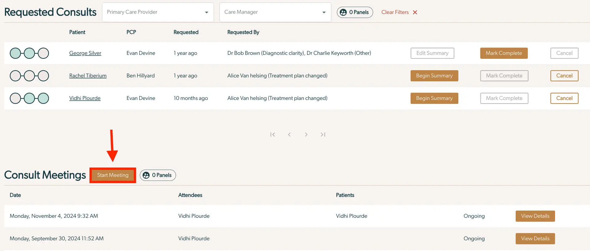 Mirah Collaborative Care Requested Consults and Consult Meetings screen