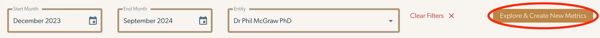 Mirah Collaborative Care Outcomes Framework Create a Metric screen showing date range and entity selection with Explore & Create New Metrics button.