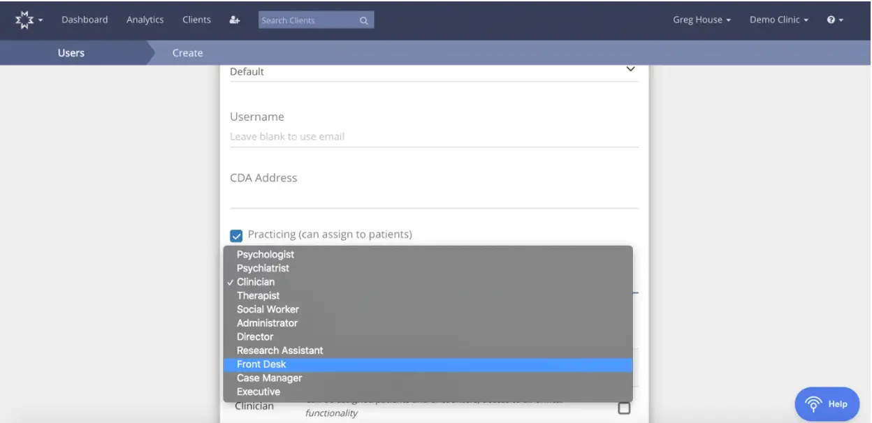 Mirah Collaborative Care - Users Create screen showing role selection dropdown for adding staff users.