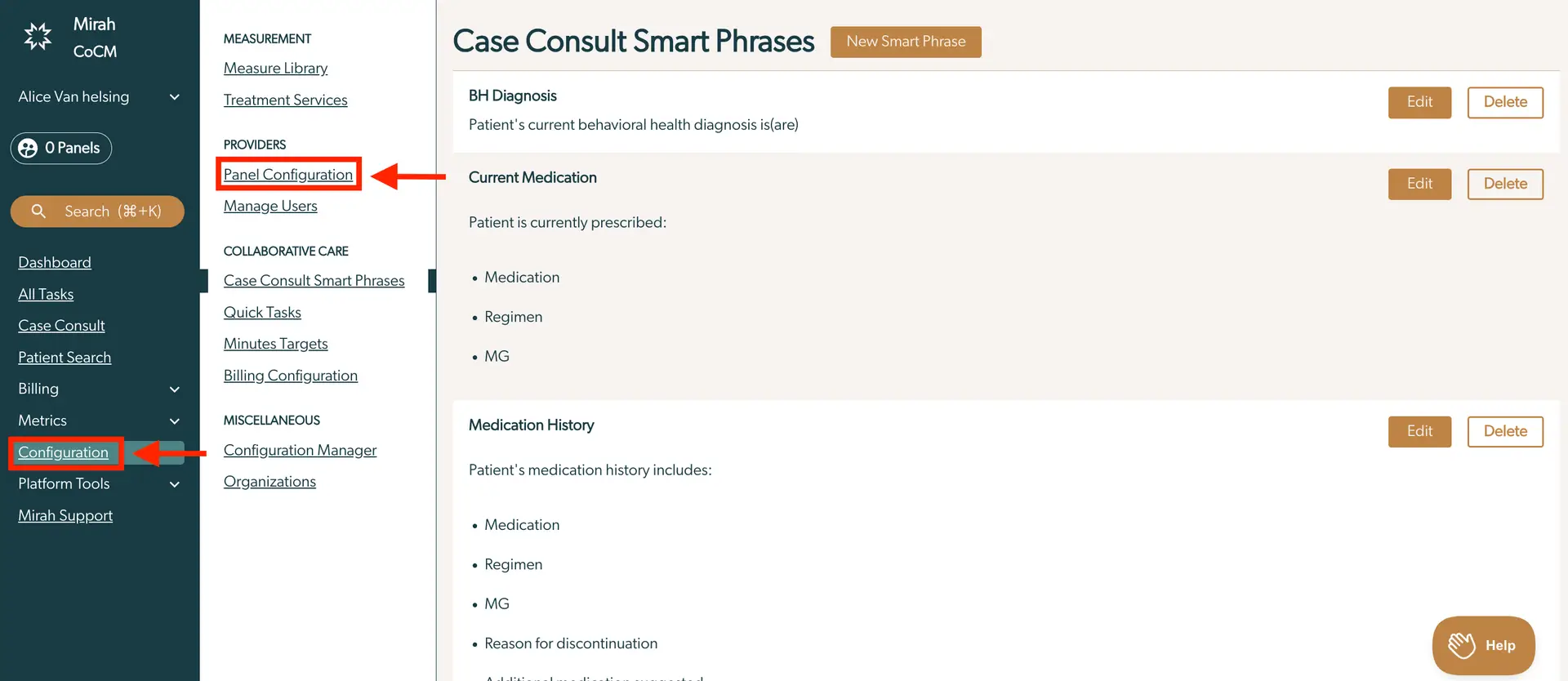 Mirah Collaborative Care - Case Consult Smart Phrases page showing panel configuration options and patient medication details.