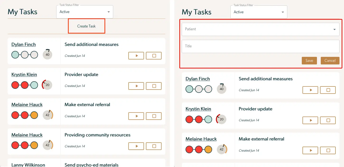 Mirah Collaborative Care Dashboard - My Tasks section with task list and task creation form.